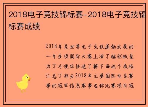 2018电子竞技锦标赛-2018电子竞技锦标赛成绩